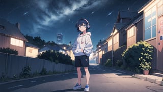 a girl with deep blue hair and blue eyes in a nighttime cityscape with a dreamy starry sky. She's wearing a dark blue hoodie, sporting headphones, evoking the relaxed and cozy atmosphere of the 'Lofi girl' vibe. Show the full body of the girl, standing, amidst city buildings and captivating night scenery. The sky should be adorned with twinkling stars, setting a serene and enchanting mood
BiophyllTech,LOFI, five fingers,Lofi,Girl,Style,better_hands,Airani,Lofi Them,Lofi Girl,blue eyes,shine eyes01