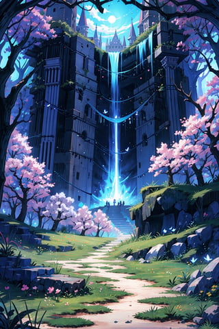 anime, no humans, A magical night with fireflies dancing above a lush rice field, A meandering cliff adds to the enchantment, ((themes sci-fi fantasy)), small magical pond, ((dungeons cave Entrance)), group of cute Adventurer,Thick 
magical cherry blossom woods and a dark, unlit tent in the backdrop, Star-strewn sky completes the scene, Anime style inspired by the works of Hayao Miyazaki, with a whimsical and fantastical touch, Shot with a wide-angle lens for a sweeping view, Rendered with vibrant, dreamlike colors and soft, ethereal lighting,
Add more details, anime , cinematic,High detailed ,FFIXBG