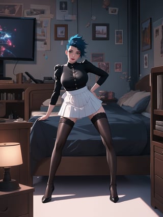 Solo woman, wearing maid's costume, all black with white parts, very short white skirt, gigantic breasts, mohawk hair, blue hair, messy hair, looking directly at the viewer, she is in a very large apartment, with furniture, computers, plasma TV, bed, glass table, chair, window, instant, 16k, UHD, best possible quality, ultra detailed,  best possible resolution, Unreal Engine 5, professional photography, she is, ((interaction and leaning on anything+object+on something+leaning against+sensual pose))+(full body:1.4), More detail, better_hands ,perfect