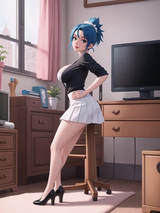 Solo woman, wearing maid's costume, all black with white parts, very short white skirt, gigantic breasts, mohawk hair, blue hair, messy hair, looking directly at the viewer, she is in a very large apartment, with furniture, computers, plasma TV, bed, glass table, chair, window, instant, 16k, UHD, best possible quality, ultra detailed,  best possible resolution, Unreal Engine 5, professional photography, she is, (((interaction and leaning on anything+object+on something+leaning against+sensual pose+full body))), better_hands ,perfect, More detail,