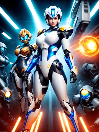 A woman, wearing mecha suit + cybernetic suit, white suit with blue parts, costume with lights attached, very bold costume, ((hood on the head)), ((gigantic breasts)), blue hair, messy hair, short hair, straight hair, hair with bangs in front of the eyes, looking at the viewer, (((pose with interaction and leaning on [something|an object]))), in a laboratory with several computers, machines, robots, luminous pipes, windows, elevators, ((full body):1.5), 16k, UHD, best possible quality, ultra detailed, best possible resolution, Unreal Engine 5, professional photography, well-detailed fingers, well-detailed hand, perfect_hands, ((mecha + super_metroid))