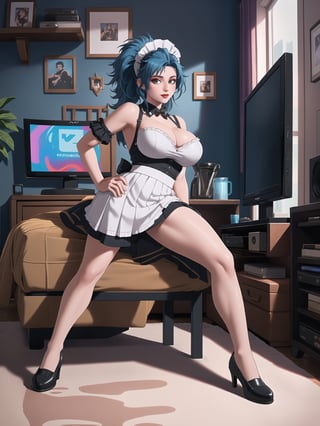 Solo woman, wearing maid's costume, all black with white parts, very short white skirt, gigantic breasts, mohawk hair, blue hair, messy hair, looking directly at the viewer, she is in a very large apartment, with furniture, computers, plasma TV, bed, glass table, chair, window, instant, 16k, UHD, best possible quality, ultra detailed,  best possible resolution, Unreal Engine 5, professional photography, she is, ((interaction and leaning on anything+object+on something+leaning against+sensual pose))+(full body:1.5), More detail, better_hands ,perfect