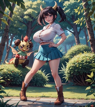 Masterpiece in HD resolution, inspired by Pokémon style and Ken Sugimori's Fakemon design. | On a rainy night in a dense forest, we find Ayane, a 22-year-old Pokémon trainer, with huge breasts, wearing a short white crop top and a pleated skirt, both clothes clinging tightly to her body. She complements the look with brown leather boots, the snug outfit enhancing her curves. Ayane has piercing ((red_eyes)), fixed on the viewer, a ((devilish_smile)) on her luscious ((blue_lips)). Her short blue hair is adorned with a large fringe that partially covers her right eye and two pigtails, all in perfect harmony with Ken Sugimori's distinctive style. | Beside her, in contrast to the darkness of the night, is her faithful ground-type Pokémon. Its brown fur is interspersed with shades of green, while large horns adorn its head, highlighting its imposing nature. Both are positioned amidst rocky and wooden structures, fallen tree trunks, mysterious altars, and ancient pillars, all illuminated by the dim light of the heavily falling rain. | The scene conveys a sense of mystery and power, where Ayane and her Pokémon prepare to face unknown challenges on this stormy night in the forest. | {The camera is positioned very close to her, revealing her entire body as she adopts an exciting pose, and then interacts by leaning on a structure in the scene in an exciting way}, | She is adopting a (((exciting_pose as interacts, boldly leaning on a structure, leaning back in an exciting way))), ((exciting_pose):1.3), ((perfect_pose)), ((perfect_pose):1.5), (((full body image))), ((well_defined_face, ultra_detailed_face, well_defined_eyes, ultra_detailed_eyes)), ((perfect_finger, perfect_hand)), better_hands, huge breasts, ((More Detail))