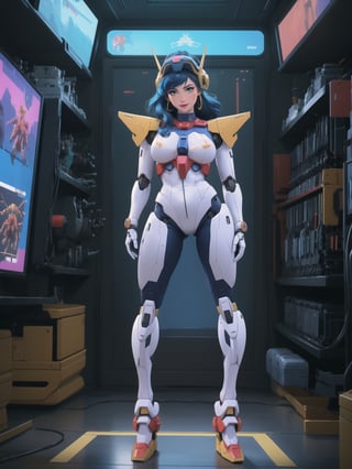 Solo woman, wearing mecha Suit+Gundam suit+cybernetic armor all white+parts in red+yellow, very tight body suit, wearing (robotic helmet with transparent color display, gigantic breasts), mohawk hair, blue hair, messy hair, ((looking directly at the viewer)), she is in a futuristic laboratory, with many machines with living beings inside, being shown by a display, computers, table with chair streaming, video games, window showing the city at night, (full body:1.5), 16k, UHD, best possible quality, ultra detailed, best possible resolution, super metroid, mecha, gundam, Unreal Engine 5, professional photography, she is doing, ((sensual pose with interaction and leaning on anything + object + on something + leaning against):1), More detail, better_hands,