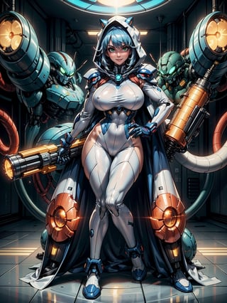 A woman, wearing mecha suit + cybernetic suit, white suit with blue parts, costume with lights attached, very bold costume, ((hood on the head)), ((gigantic breasts)), blue hair, messy hair, short hair, straight hair, hair with bangs in front of the eyes, looking at the viewer, (((pose with interaction and leaning on [something|an object]))), in a laboratory with several computers, machines, robots, luminous pipes, windows, elevators, ((full body):1.5), 16k, UHD, best possible quality, ultra detailed, best possible resolution, Unreal Engine 5, professional photography, well-detailed fingers, well-detailed hand, perfect_hands, ((mecha + super_metroid))