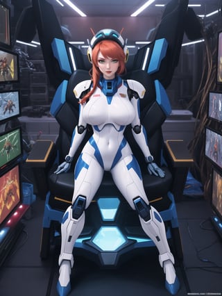 Solo woman, wearing mecha Suit+Gundam suit+cybernetic armor all white+parts in red+yellow, very tight body suit, wearing (robotic helmet with transparent color display, gigantic breasts), mohawk hair, blue hair, messy hair, ((looking directly at the viewer)), she is in a futuristic laboratory, with many machines with living beings inside, being shown by a display, computers, table with chair streaming, video games, window showing the city at night, 16k, UHD, super metroid, mecha, gundam, Unreal Engine 5, professional photography, she is, ((interaction and leaning on anything+object+on something+leaning against+sensual pose+full body)), More detail, better_hands,