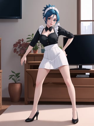 Solo woman, wearing maid's costume, all black with white parts, very short white skirt, gigantic breasts, mohawk hair, blue hair, messy hair, looking directly at the viewer, she is in a very large apartment, with furniture, computers, plasma TV, bed, glass table, chair, window, instant, 16k, UHD, best possible quality, ultra detailed,  best possible resolution, Unreal Engine 5, professional photography, she is, (((interaction and leaning on anything+object+on something+leaning against+sensual pose+full body))), better_hands ,perfect, More detail,