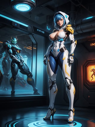 A woman, wearing mecha suit + cybernetic suit, white suit with blue parts, costume with lights attached, very bold costume, ((hood on the head)), ((gigantic breasts)), blue hair, messy hair, short hair, straight hair, hair with bangs in front of the eyes, looking at the viewer, (((pose with interaction and leaning on [something|an object]))), in a laboratory with several computers, machines, robots, luminous pipes, windows, elevators, ((full body):1.5), 16k, UHD, best possible quality, ultra detailed, best possible resolution, Unreal Engine 5, professional photography, well-detailed fingers, well-detailed hand, perfect_hands, ((mecha + super_metroid))