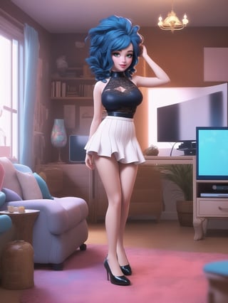 Solo woman, wearing maid's costume, all black with white parts, very short white skirt, gigantic breasts, mohawk hair, blue hair, messy hair, looking directly at the viewer, she is in a very large apartment, with furniture, computers, plasma TV, bed, glass table, chair, window, instant, 16k, UHD, best possible quality, ultra detailed,  best possible resolution, Unreal Engine 5, professional photography, she is, ((interaction and leaning on anything+object+on something+leaning against+sensual pose))+(full body:1.3), More detail, better_hands ,perfect