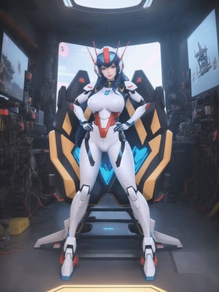 Solo woman, wearing mecha Suit+Gundam suit+cybernetic armor all white+parts in red+yellow, very tight body suit, wearing (robotic helmet with transparent color display, gigantic breasts), mohawk hair, blue hair, messy hair, ((looking directly at the viewer)), she is in a futuristic laboratory, with many machines with living beings inside, being shown by a display, computers, table with chair streaming, video games, window showing the city at night, (full body:1.5), 16k, UHD, super metroid, mecha, gundam, Unreal Engine 5, professional photography, she is, (((interaction and leaning on anything+object+on something+leaning against+sensual pose))), More detail, better_hands