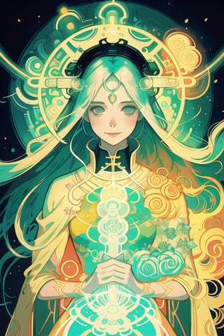 1 woman, priest , smile long hair , high contrast, holy light best quality, masterpiece, line art by Tom Bagshaw and Victo Ngai