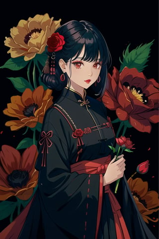 Paint_Style, 1girl, solo, looking at viewer, black hair, hair ornament, long sleeves, dress, holding, brown eyes, jewelry, upper body, flower, earrings, hair flower, wide sleeves, necklace, petals, makeup, rose, chinese clothes, lipstick, black background, red flower, gem, holding flower, red lips