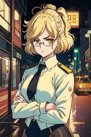 WWanime, (((retro artstyle))) ((masterpiece)) 1Girl , Solo , Perrine , upper body, portrait , photoshoot , blonde hair , glasses , yellow eyes ,, white ascot , military , uniform , black pantyhose , panties under pantyhose , buttons , looking at viewer , facing viewer , crossed arms , disdain , 1980s (style) , city background at night ,