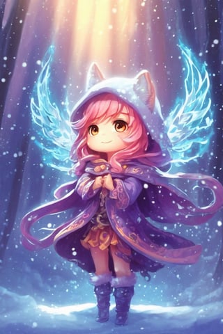 chibi, magical creature, electric arc, snowfall, colorful rays, high level of detail, best quality, masterpiece, magical fantasy style,