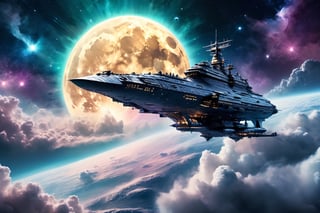 space battleship flying through the clouds in the night sky. Moon creating a glow. The Milky Way making its presence.
,DonMC3l3st14l3xpl0r3rsXL