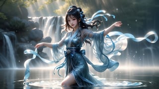 A girl in water dancing, full body, perfect female body,  exquisite chinese clothes, flowing transparent ribbon, bare feet, lake, sunlight, ripple, inverted image,  foggy,  water splash,  black medium long hair,  outdoor,  chinese artstyle, ray tracing,  reflection light,  full color,  Intricate detail,  photorealistic,  ultra detailed, high level of detail, best quality, masterpiece, ,chibi