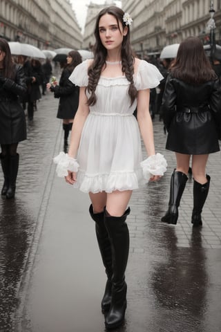 photography , beautiful detailed face, blue eyes, small lips, high cheek bones, holding flowers out to camera, brown plaited hair, small breasts, masterpiece, wet hair, in heavy rain, long flowing white dress, black thigh high boots, white fishnet stockings and suspenders , walking down a busy paris street, from below, from below, ,JenniferConnelly