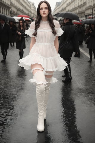 photography , beautiful detailed face, blue eyes, small lips, high cheek bones, holding flowers out to camera, brown plaited hair, small breasts, masterpiece, wet hair, in heavy rain, long flowing white dress, black thigh high boots, white fishnet stockings and suspenders , walking down a busy paris street, from below, from below, ,JenniferConnelly