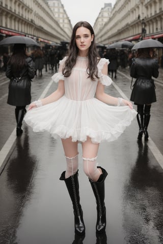 photography , beautiful detailed face, blue eyes, small lips, high cheek bones, holding flowers out to camera, brown plaited hair, small breasts, masterpiece, wet hair, in heavy rain, long flowing white dress, black thigh high boots, white fishnet stockings and suspenders , walking down a busy paris street, from below, from below, ,JenniferConnelly