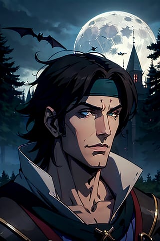 castlevania style, Richter Belmont, white headband, facial portrait, sexy stare, smirked, forest, cloudy sky, bats flying around, castle on the horizon, full moon, whip in hand 