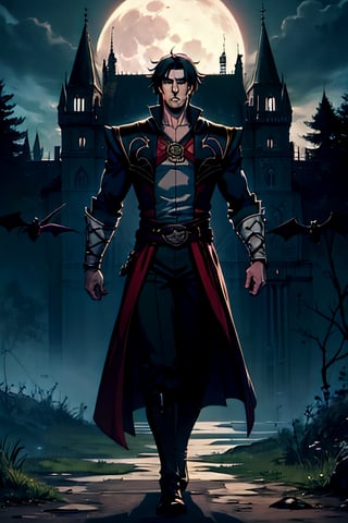 castlevania style, Richter Belmont, white headband, facial portrait, sexy stare, smirked, full body, Standing menacing, forest, cloudy sky, bats flying around, castle on the horizon, full moon, whip in hand