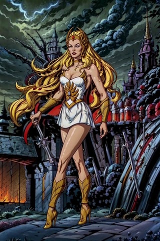 She-ra, facial portrait, sexy stare, smirked, full body, sexy pose, forest behind, cloudy sky, lightning, medieval castle on top of hill on the distance, 