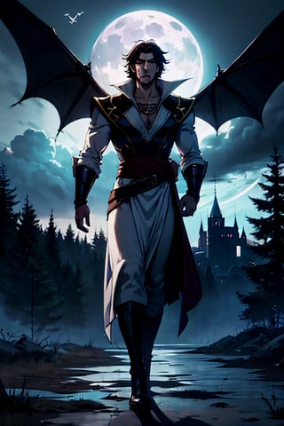 castlevania style, Richter Belmont, white headband, facial portrait, sexy stare, smirked, full body, Standing menacing, forest, cloudy sky, bats flying around, castle on the horizon, full moon, whip in hand