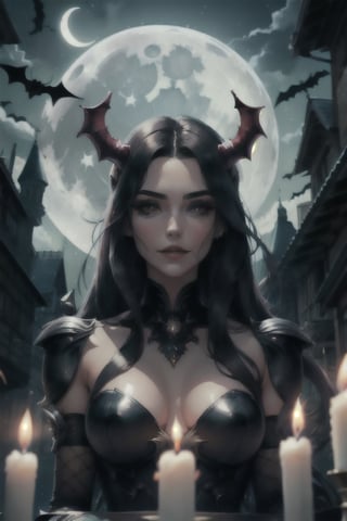 Lady_Demon, facial portrait, sexy stare, smirked, inside castle, candlelights, cloudy sky, moon, bats, 