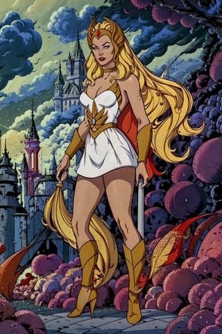 She-ra, facial portrait, sexy stare, smirked, full body, sexy pose, forest behind, cloudy sky, lightning, medieval castle on top of hill on the distance, from behind 