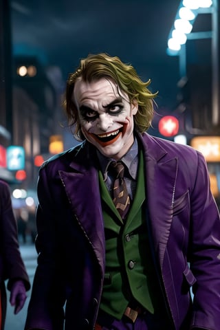 Joker and Harley Quinn, facial portrait, sexy stare, smirked, walking through the streets, gotham city, crowds, cars, cloudy sky, lightning, bats, ,CARTOON_harley_quinn_rebirth_ownwaifu, smiling 