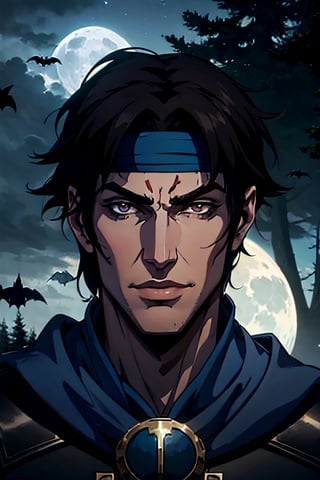 castlevania style, Richter Belmont, white headband, facial portrait, sexy stare, smirked, forest, cloudy sky, bats flying around, castle on the horizon, full moon, whip in hand 