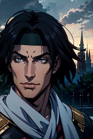 castlevania style, Richter Belmont, white headband, facial portrait, sexy stare, smirked, forest, cloudy sky, bats, castle on the horizon, 