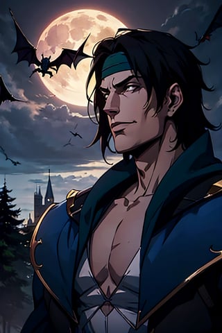 castlevania style, Richter Belmont, white headband, facial portrait, sexy stare, smirked, forest, cloudy sky, bats flying around, castle on the horizon, full moon, whip in hand, from behind 