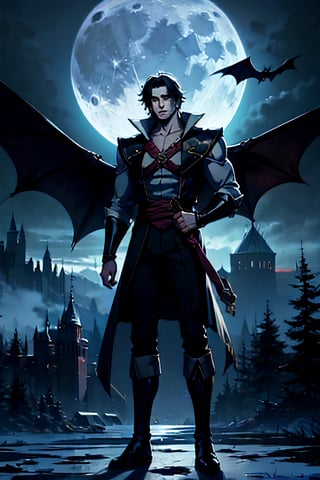 castlevania style, Richter Belmont, white headband, facial portrait, sexy stare, smirked, full body, Standing menacing, forest, cloudy sky, bats flying around, castle on the horizon, full moon, whip in hand