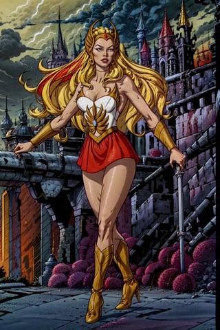 She-ra, facial portrait, sexy stare, smirked, full body, sexy pose, forest behind, cloudy sky, lightning, medieval castle on top of hill on the distance, 