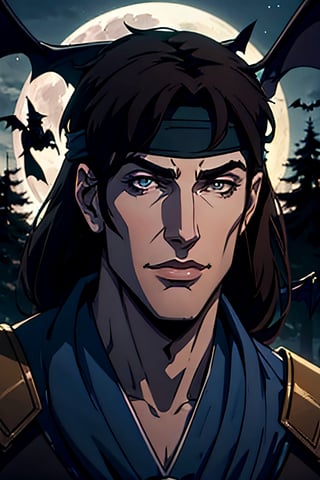 castlevania style, Richter Belmont, white headband, facial portrait, sexy stare, smirked, forest, cloudy sky, bats flying around, castle on the horizon, full moon, 