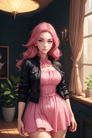 Transgender Female, Kitch, solo, voluptuous, long hair, jacket, indoors, pink dress, specular highlights, detailed face, detailed eyes, upper body, portrait