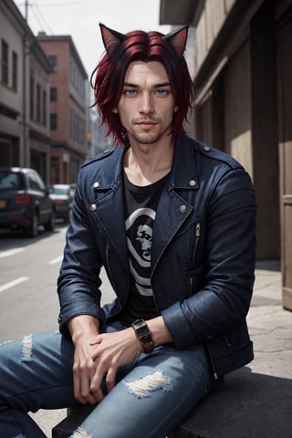 Chris_Xvoor, 1boy, male focus, solo, looking at viewer,, blue eyes, black hair, animal ears, sitting, jacket, red hair, outdoors, day, pants, cat ears, blurry, black jacket, torn clothes, blurry background, denim, jeans, leather, torn pants, leather jacket, torn jeans, denim jacket, upper body, specular highlights, detailed face, detailed eyes, detailed hair, textured hair, rim lighting, extreme light and shadow, masterpiece, official art, portrait