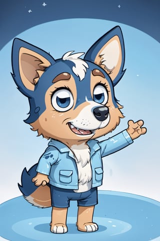 Bluey Style, Bluey Irwin Chibi, blue heeler, blue fur,  solo, looking at viewer, smile, open mouth, simple background, 1boy, animal ears, standing, tail, full body, male focus, black eyes, arms up, blue background, happy, outstretched arms, furry, furry male, body fur, animal nose, two-tone fur, blue fur