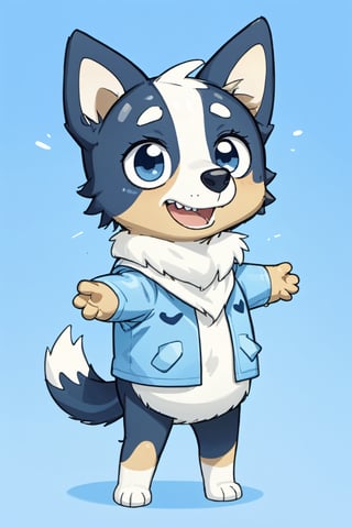 Bluey Style, Bluey Irwin Chibi, blue heeler, two-tone fur,   blue fur, white fur, solo, looking at viewer, smile, open mouth, simple background, 1girl, animal ears, standing, tail, full body, male focus, black eyes, arms up, blue background, happy, outstretched arms, furry, furry girl, body fur, animal nose, 