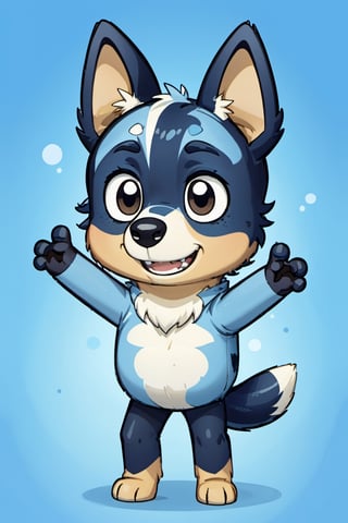 Bluey Style, Bluey Irwin Chibi, blue heeler, blue fur,  solo, looking at viewer, smile, open mouth, simple background, 1boy, animal ears, standing, tail, full body, male focus, black eyes, arms up, blue background, happy, outstretched arms, furry, furry male, body fur, animal nose, two-tone fur, blue fur