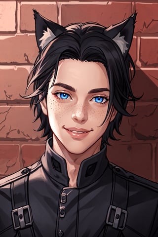 Maverick Ellis Rowe, 1boy, male focus, solo,  looking at viewer, smile, blue eyes, black hair, animal ears, animal ear fluff, cat ears, lips, portrait, freckles, realistic, brick wall