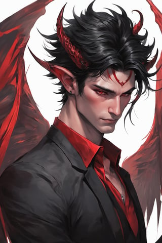 Angel Wings, Lucifer the devil incarnate, male focus, wild hair, black hair, tattoos, devil horns, masculine, (red-black:1.1), flying, realistic, expressive, gradient, oil paint