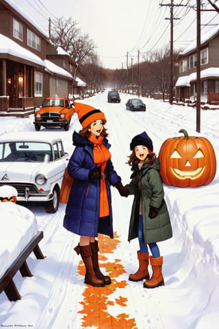 1girl, smile, open mouth, brown hair, gloves, 1boy, hat, boots, outdoors, tree, coat, holding hands, brown footwear, ground vehicle, building, motor vehicle, snow, halloween, jack-o'-lantern, car, road, pumpkin, house, winter, power lines, lamppost, street, vanishing point
