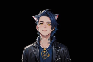 1boy, male focus, long hair, fluffy hair, navy blue hair, cat ears, animal ears, animal ear fluff, gold eyes, leather jacket, tshirt, portrait, upper body, tattoos, anarchist vibes, clean shaven