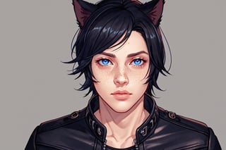 Maverick Ellis Rowe, 1boy, male focus, solo, looking at viewer, short hair, blue eyes, simple background, black hair, animal ears, jacket, cat ears, lips, zipper, freckles, realistic, nose, leather