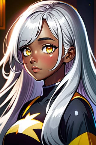 Steven Universe Style, 1girl, solo, long hair, looking at viewer, closed mouth, yellow eyes, white hair, grey hair, dark skin, blunt bangs, dark-skinned female, makeup, portrait, close-up, specular highlights, tone mapping, extremely detailed, cartoon style, anime, steven universe, official art, masterpiece