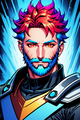 Comic Art Style, 1boy, male focus, beard, stubble, facial hair, multicolored hair, crown, god, (masculine), red eyes, (masterpiece, best quality, ultra-detailed, highres), ((solo)), perfect face, sidelighting, lustrous skin,(bloom), (shine), lighting, ray tracing, sci-fi,depth_of_field,very detailed background, highly detailed background, Masterpiece, Ultra detailed, great composition,Dynamic angle,(Highest picture quality), (Master's work), extreme light and shadow, masterpiece, rich in detail, (highest quality), (masterpiece), (extremely detailed CG unity 8k wallpaper),(masterpiece), (best quality), (ultra-detailed), (best illustration),(best shadow),perfect lighting , perfect anatomy , vivid colors, (masterpiece),