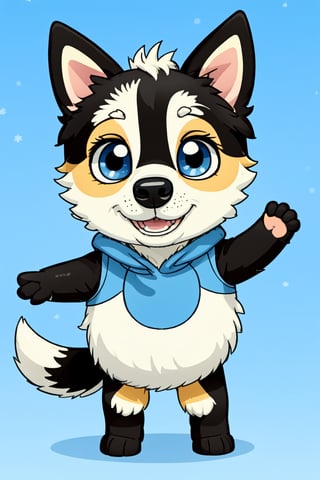 Bluey Style, Bluey Irwin Chibi, blue heeler, two-tone fur,   blue fur, white fur, solo, looking at viewer, smile, open mouth, simple background, 1girl, animal ears, standing, tail, full body, black eyes, arms up, blue background, happy, outstretched arms, furry, furry girl, body fur, animal nose, 