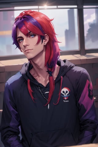 1boy, male focus, american, long hair, fluffy hair, two tone hair, purple hair, multicolored hair, red hair, navy blue hair, hooded jacket, tshirt, portrait, upper body, tattoos, anarchist vibes, clean shaven